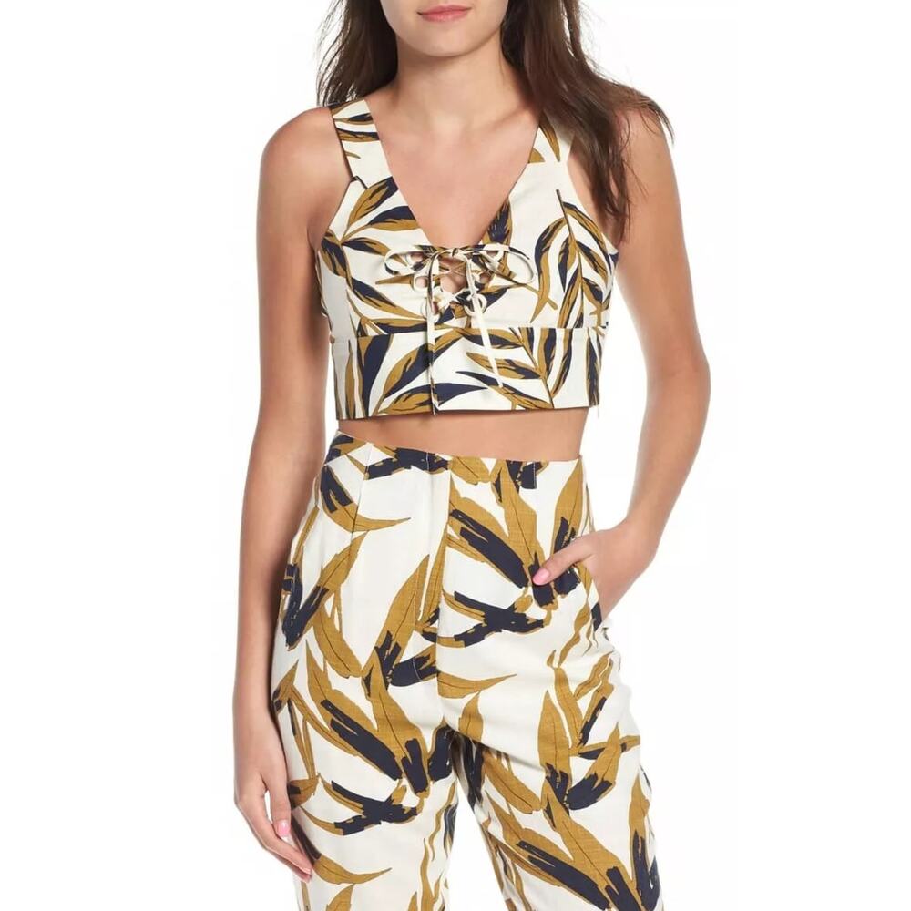 J.O.A Tropical Palm Print Cotton Crop Top & High-Waisted Ankle Pant Set Size‎ XS